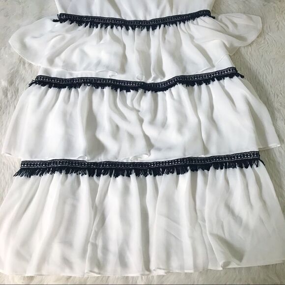 HALSTON White Black Sleeveless Fringe Cocktail Dress Tiered‎ Ruffle Size 6 New - Picture 8 of 15
